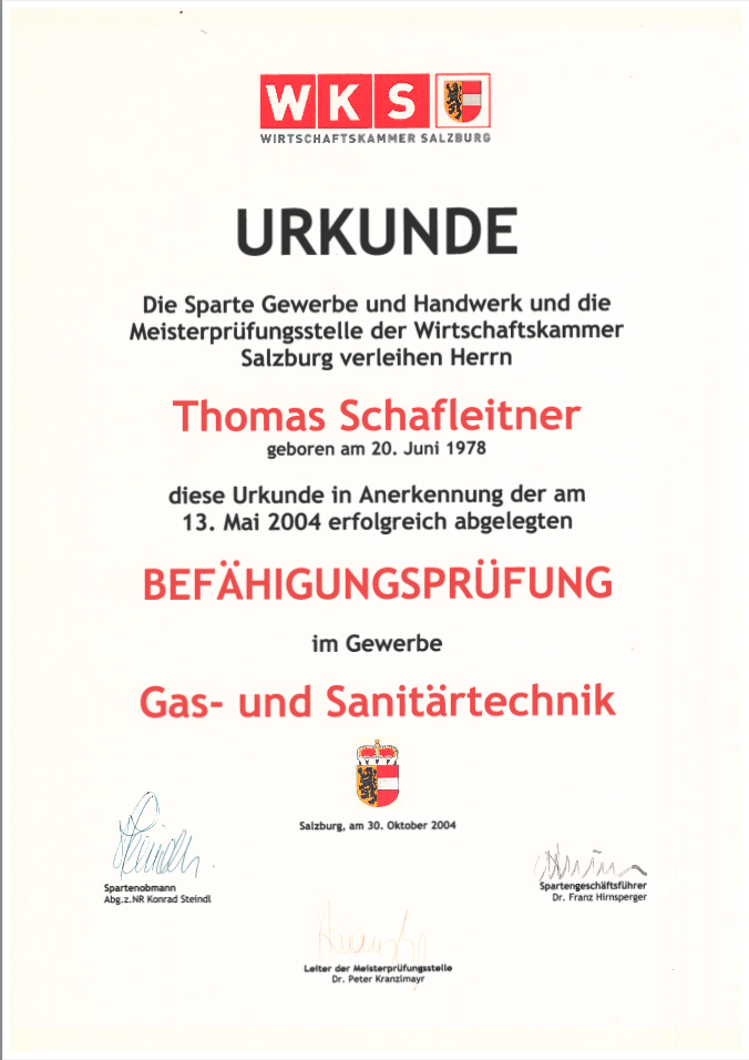 Urkunde Befähigungsprüfung Gas- und Sanitärtechnik – Schafleitner Sanitär Mondsee
