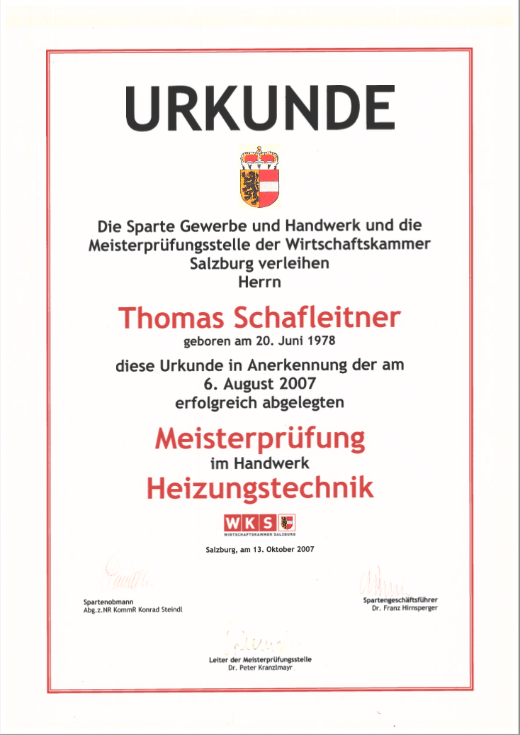 Urkunde Meisterprüfung Heizungstechnik – Schafleitner Sanitär Mondsee